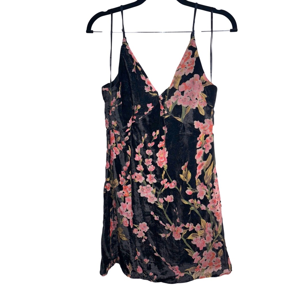 Burnout Velvet Slip Mini Dress Womens Sz S Black Floral Dress V-Neck
